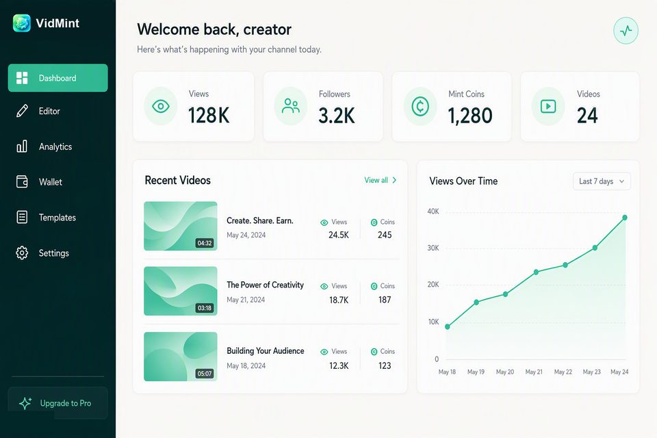 Tableau de bord créateur web VidMint dans un navigateur de bureau – projets, stats mint et brouillons
