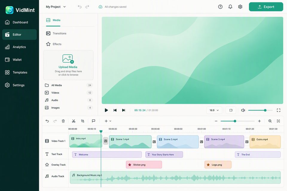 Éditeur web VidMint sur ordinateur – montage timeline de vidéo courte dans le navigateur