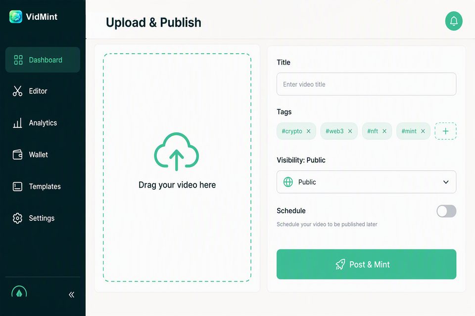 Page web VidMint d'upload et de publication pour poster des vidéos courtes depuis le bureau