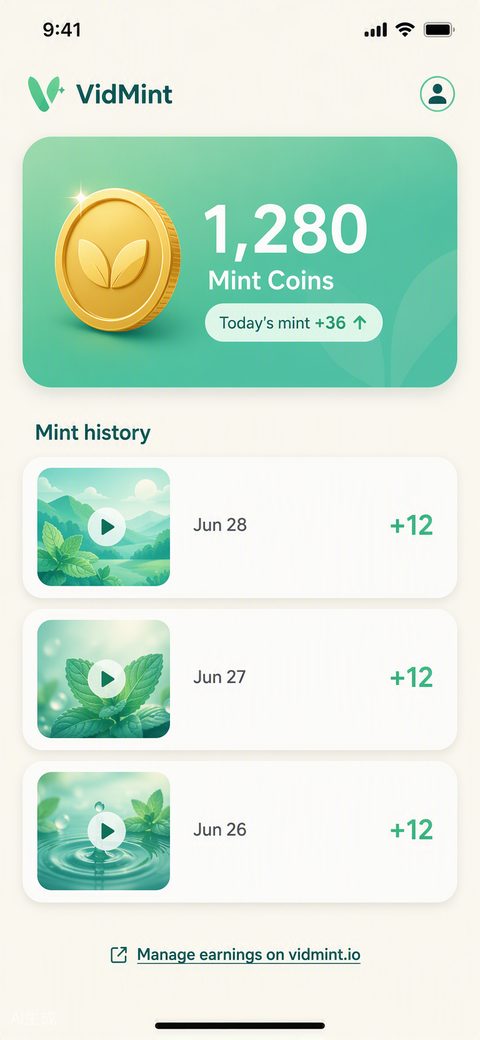 Portefeuille Mint Rewards VidMint affichant le solde de pièces mintées d'un créateur