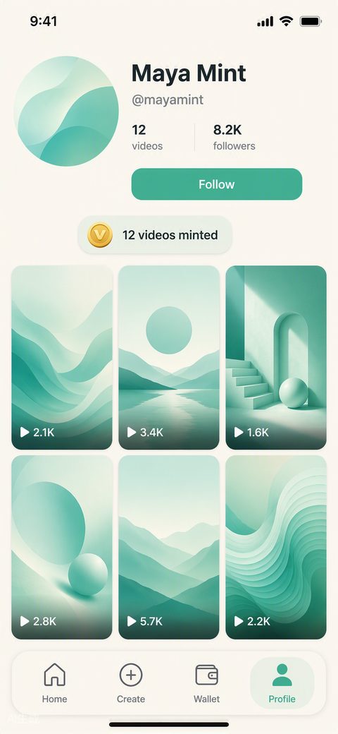 Page de profil de la communauté de créateurs VidMint avec des vidéos courtes publiées